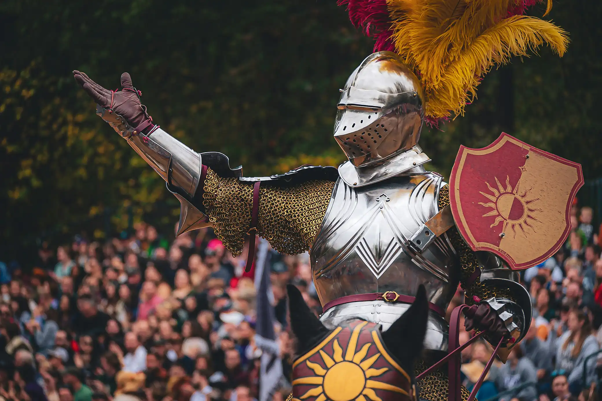 A mounted and armored knight, waving to a crowd