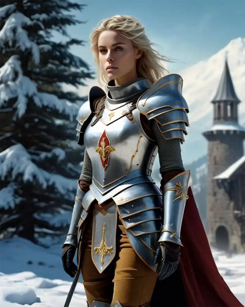 A female half-elf knight dressed in platemail against a tundra background