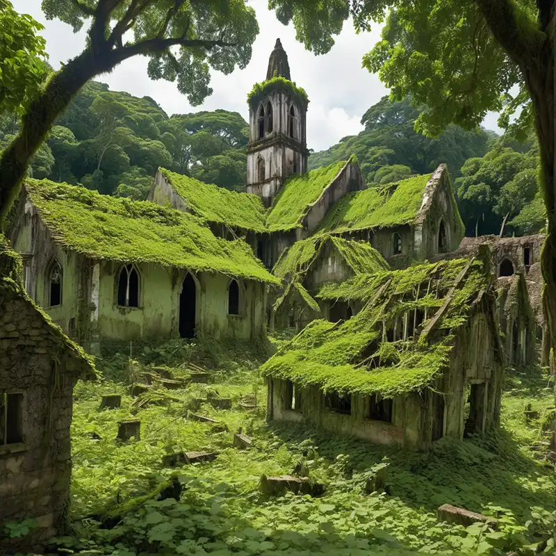A ruined village covered in moss and jungle plants