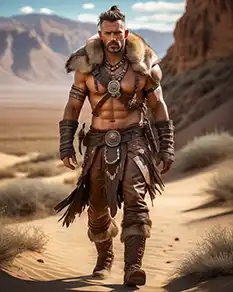 Character portrait of a heavily muscled barbarian warrior in the desert