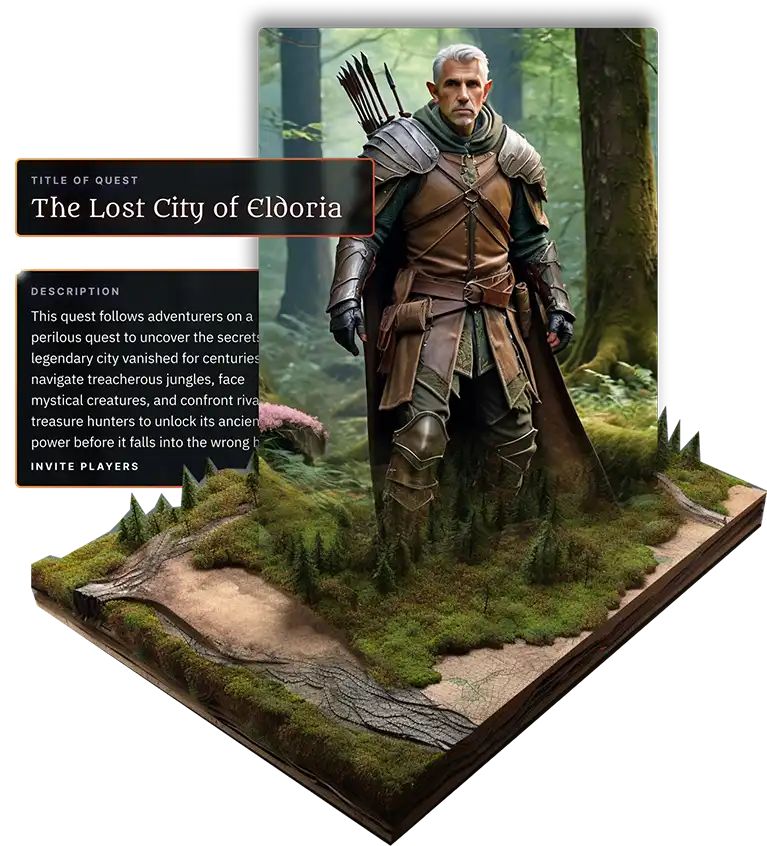 Character portrait of an elven ranger standing in a forest. Surrounding the portrait is text depicting a game-world write-up with Title: The Lost City of Eldoria and a lengthy example description.