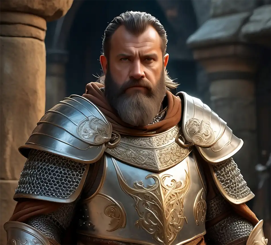 Heroic-looking bearded man in plate mail armor
