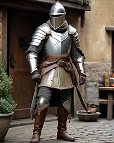 Character portrait of a heavily armored knight, with the city streets in the background