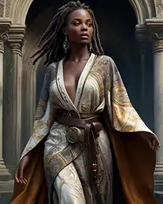 Character portrait of a beautiful ebony-skinned mage in a flowing white and gold robe
