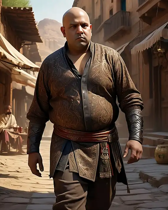 Character portrait of a stocky, bald merchant, striding confidently down the streets of a desert town.